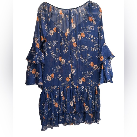 Free People “Sunsetter” Blue floral ruffle sheer mini dress, size Medium 🦋 - Picture 5 of 11